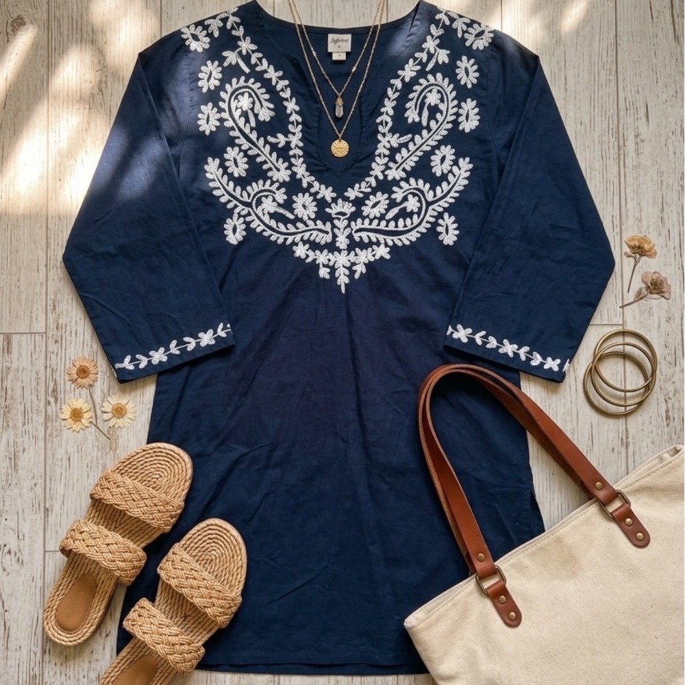 Highness Navy Blue Embroidered Cotton Tunic Top Boho Split Neck Size M